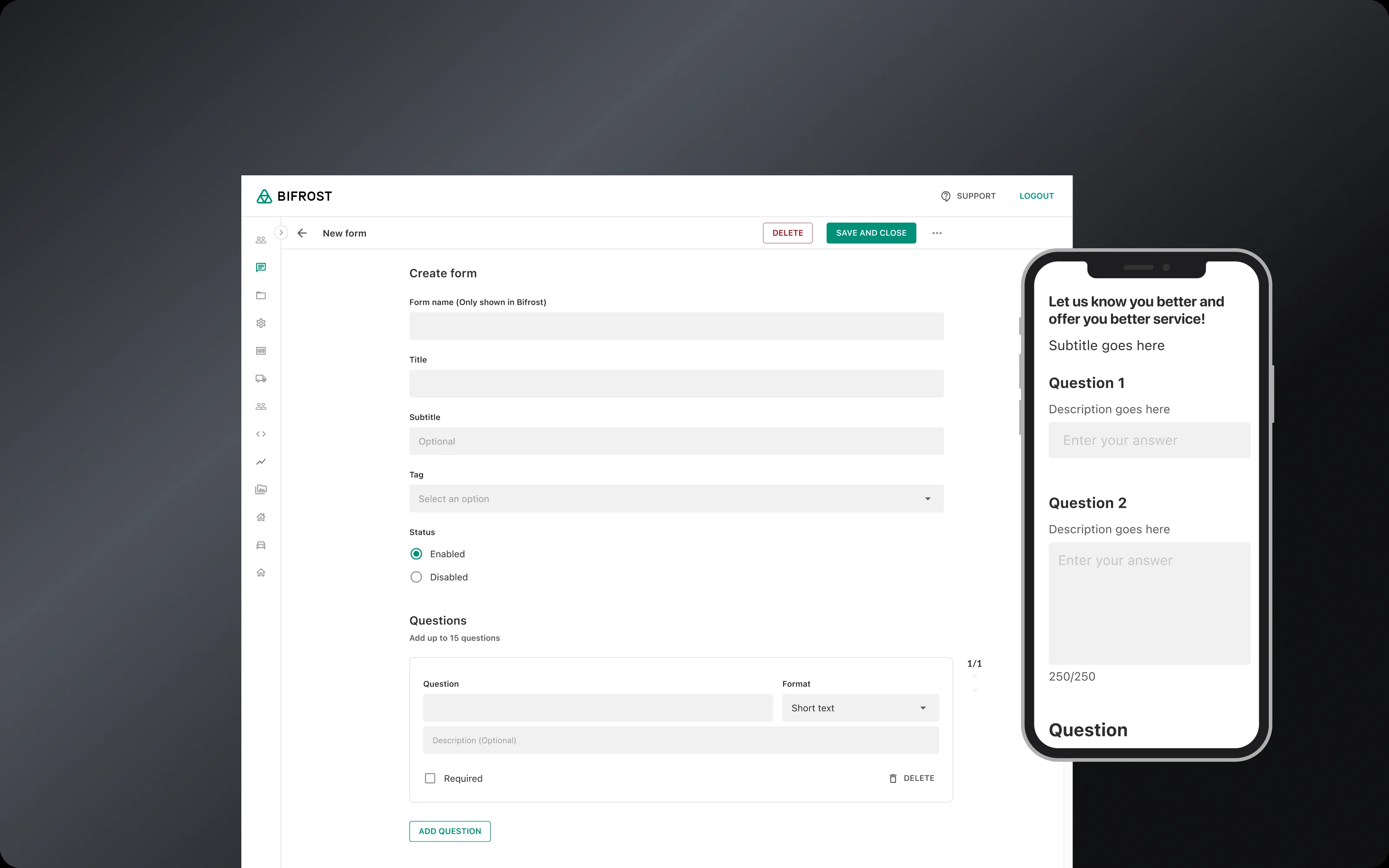 在工具中建立表單，以及表單在 App 中的樣子