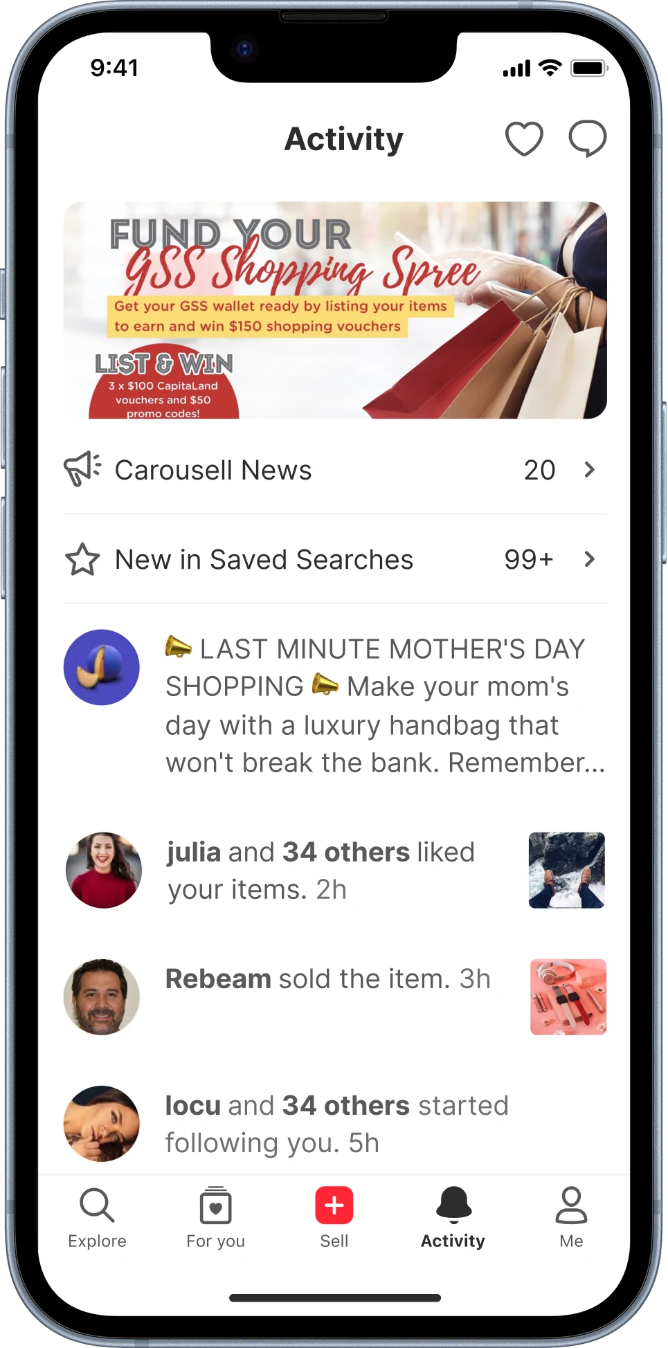 Share of taps on the Activity tab, 6 months. Marketing banner: 2.4%, Carousell News & saved searches: 12.5%, Marketing messages: 2.8%, Account & listing activity: 82%, Others: 0.3%.