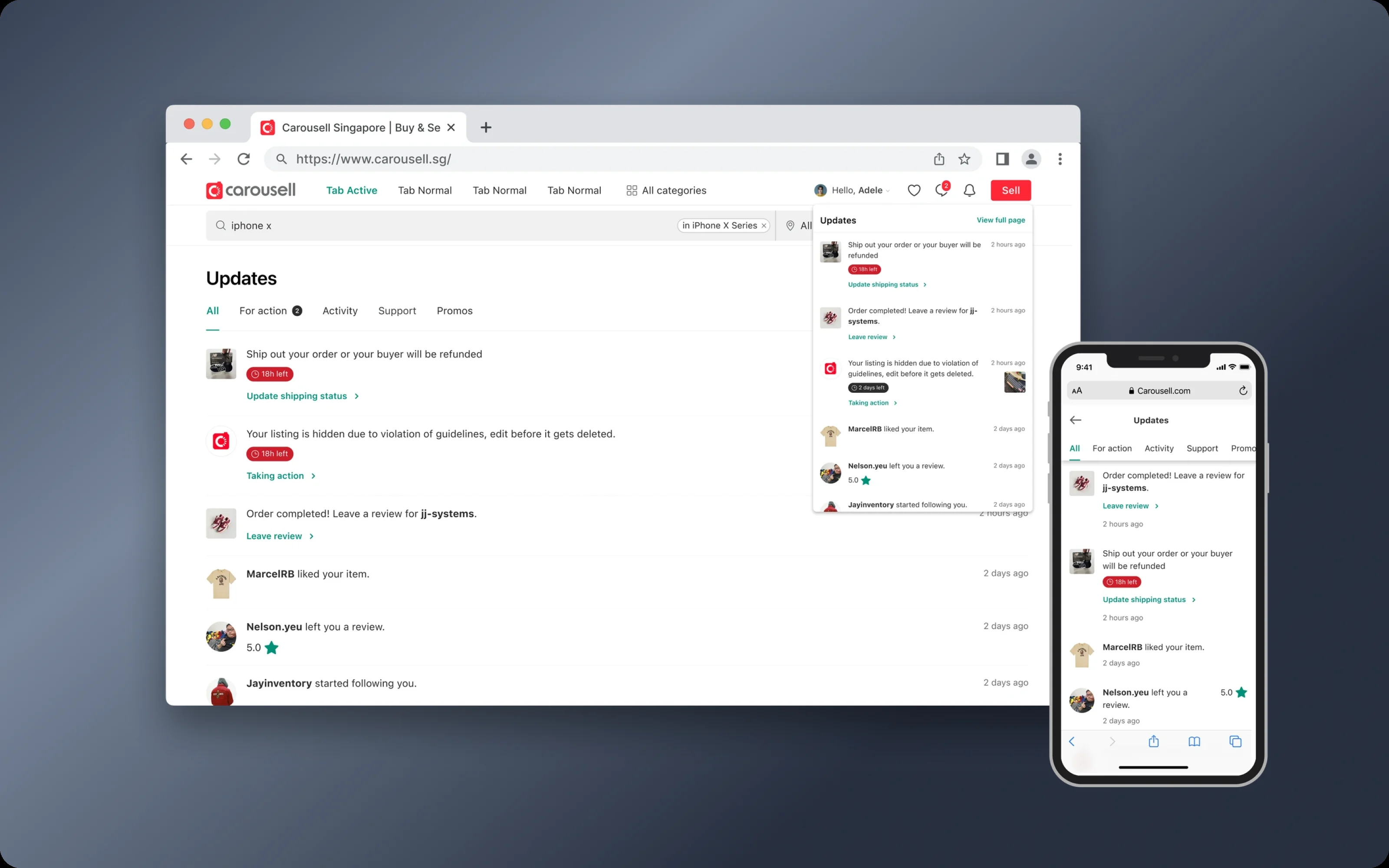 The Updates tab on desktop web, with a quick-view panel, and on mobile web